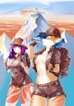  absurd_res amulet anthro backpack beverage blue_eyes blue_hair breasts clothed clothing duo female fish gills hair hat headgear headwear hi_res jacket jyxa lagomorph leather leather_jacket leporid mammal marine mountain non-mammal_breasts open_clothing open_jacket open_topwear orange_body orange_eyes profiterole_(artist) purple_hair rabbit requiem_shark shark tiger_shark topwear water_bottle white_body 