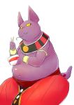  2016 anthro belly champa chiro_(artist) domestic_cat dragon_ball dragon_ball_super eating felid feline felis food humanoid_hands kemono male mammal overweight overweight_anthro overweight_male simple_background sitting solo white_background 