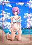  1girl absurdres bare_shoulders barefoot beach bikini_pull blue_sky blush border breasts cleavage cloud collarbone commentary_request fate/grand_order fate_(series) hair_over_one_eye highres iyuki_chi kneeling large_breasts looking_at_viewer mash_kyrielight navel ocean pink_border purple_eyes purple_hair rainbow_bikini short_hair sky solo swimsuit_of_perpetual_summer_ver.02 