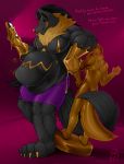  2019 4_fingers 4_toes abdominal_bulge absurd_res after_vore ambiguous_gender ambiguous_prey anthro anthro_pred areola aurum_(scottred) barefoot biceps big_bulge biped black_body black_fur black_hair black_sclera blonde_eyebrows bottomwear bulge canid canine canis cheek_tuft claws clothed clothing dialogue digital_drawing_(artwork) digital_media_(artwork) dripping duo english_text eyebrows faceless_character facial_tuft fingers fluffy fluffy_tail fur fur_tuft gold_(metal) gradient_background hair half-closed_eyes head_tuft hi_res holding_object holding_phone hungry inner_ear_fluff jackal larger_male larger_pred licking licking_lips licking_own_lips looking_away male male_focus male_pred mammal markings motion_lines musclegut muscular muscular_anthro muscular_male narrowed_eyes neck_tuft nipples oral_vore paws pecs phone pink_background pink_text purple_bottomwear purple_clothing purple_shorts quads rear_view scottred sculpture self_lick short_hair shorts side_view signature simple_background size_difference smaller_ambiguous smaller_male smaller_prey soft_vore solo_focus standing statue statuefication text three-quarter_view toes tongue tongue_out topless topless_male tuft vore watermark yellow_areola yellow_body yellow_claws yellow_eyes yellow_fur yellow_markings yellow_nipples yellow_nose yellow_tongue 