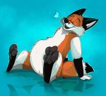  4_toes abdominal_bulge ambiguous_gender anthro belly belly_focus big_belly blue_background brown_pawpads canid canine digitigrade eyes_closed fox fox4 full_belly hindpaw looking_pleasured mammal open_mouth pawpads paws red_fox simple_background sitting solo toes vore whiskers 