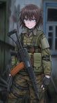  1girl absurdres aek-971 armor bolt brown_hair camouflage dagger elbow_pads fingerless_gloves gloves highres holding light_brown_eyes load_bearing_vest looking_at_viewer military original short_hair solo stalker_(game) weapon zap-nik 