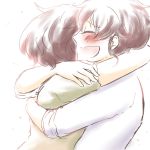  2girls akiyama_yoshiko akiyama_yukari bangs brown_hair closed_eyes commentary earrings from_side girls_und_panzer green_shirt happy hug jewelry messy_hair mother_and_daughter multiple_girls noumen open_mouth shirt short_hair short_sleeves sketch smile stud_earrings tearing_up upper_body white_shirt 