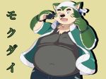  2020 anthro black_nose canid canine canis domestic_dog fur green_body green_fur haru8e hi_res japanese_text kemono live-a-hero male mammal mokdai overweight overweight_anthro overweight_male solo text video_games 