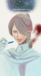  1girl blood bloodborne blue_eyes brown_hair dress gloves highres iosefka itsuki_(itsukiovo) licking ponytail syringe water white_dress 