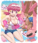  1girl absurdres alternate_color bangs barefoot beach beach_towel bike_shorts bikini bikini_top blush breasts cleavage collarbone commentary_request cooler day eyelashes gen_1_pokemon gen_2_pokemon gen_4_pokemon hair_ornament hairclip heart heart-shaped_eyewear highres holding holding_innertube innertube jigglypuff looking_down lopunny open_mouth outdoors pink_eyes pink_hair pokemoa pokemon pokemon_(creature) pokemon_(game) pokemon_hgss shiny shiny_pokemon shiny_skin sitting snubbull sunglasses swimsuit tied_hair toes tongue towel twintails wariza white_bikini whitney_(pokemon) wristband 