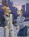  2020 amber_wind anthro beastars beverage bottomwear brown_body brown_fur canid canine canis cervid cervine city cityscape clothed clothing coffee coffee_cup digital_media_(artwork) dress_shirt duo embarrassed eye_contact eyewear female fur glasses grey_body grey_fur hand_holding hi_res holding_object leano_(beastars) looking_at_another male male/female mammal oguma_(beastars) shirt skirt topwear vest wolf 