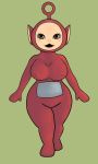  3:5 big_breasts black_pupils blush breasts clothing eyelashes feet female front_view green_background grey_eyes hi_res humanoid icelandicpsycho iris lips looking_at_viewer nipple_outline not_furry open_mouth open_smile pink_lips po_(teletubbies) pupils red_clothing simple_background smile solo source_request tan_body tan_ears tan_nose teletubbies teletubby tight_clothing wide_hips 