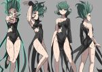  1girl arm_up arms_behind_head ass bare_shoulders black_dress blood breasts closed_mouth commentary covered_navel dress english_commentary from_behind glowing glowing_eye green_eyes green_hair grey_background highres injury jourd4n legs looking_at_viewer medium_breasts one-punch_man short_hair simple_background solo standing tatsumaki thighs torn_clothes torn_dress 