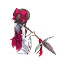  1girl back bow brown_eyes brown_hair collared_shirt cropped_torso cyczen detached_sleeves from_above from_behind hair_bow hair_tubes hakurei_reimu half_updo highres holding holding_spear holding_weapon polearm red_bow red_ribbon red_shirt red_skirt ribbon ribbon-trimmed_sleeves ribbon_trim shirt short_ponytail simple_background skirt skirt_set sleeveless sleeveless_shirt solo spear touhou two-handed weapon white_background wide_sleeves yellow_eyes 