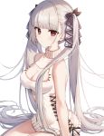  1girl azur_lane backless_outfit bangs bare_arms bare_shoulders blunt_bangs breasts cleavage cleavage_cutout cowboy_shot cross-laced_clothes eyebrows_visible_through_hair formidable_(azur_lane) from_side hair_over_breasts hair_over_shoulder highres large_breasts long_hair long_sleeves looking_at_viewer no_pants red_eyes side-tie_costume sidelocks simple_background sitting solo sweater turtleneck twintails two-tone_ribbon very_long_hair white_background white_legwear white_sweater zhi_(yammycheese) 