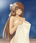  1girl blue_sky blush breasts closed_mouth collarbone covering covering_breasts eyebrows_visible_through_hair from_below girls_frontline green_eyes hair_ornament hair_ribbon hanser highres large_breasts long_hair looking_at_viewer m1903_springfield_(girls_frontline) naked_towel orange_hair ponytail ribbon sky solo towel 