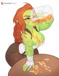  beverage big_breasts blush braided_hair breasts cleavage clothed clothing drinking female furniture goblin green_body green_skin hair humanoid muscular muscular_female muscular_humanoid not_furry scar simple_background solo table tangobat white_background 