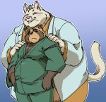  2020 anthro belly blush brown_body brown_fur canid canine clothing duo exe_exem felid feline fur hug kemono male mammal overweight overweight_male raccoon_dog robe tanuki 