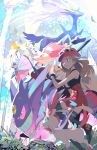  1girl black_legwear brown_hair commentary dated delphox ege_(597100016) eyelashes eyewear_on_headwear floating_hair foliage from_below gen_1_pokemon gen_6_pokemon gengar hand_up leaf legendary_pokemon long_hair mega_gengar mega_pokemon pink_bag pink_headwear pokemon pokemon_(creature) pokemon_(game) pokemon_xy red_skirt serena_(pokemon) shoes signature skirt sunglasses sylveon teeth thighhighs vivillon xerneas 