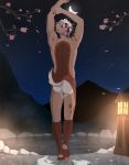  absurd_res anthro cervid cherry_blossom facial_hair goatee hair hi_res hot_spring looking_at_viewer looking_back male mammal moon night nude outside pink_hair plant raised_arm solo star towel unpopularwolf water 
