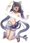 1girl @_@ animal_ear_fluff animal_ears bangs bikini black_hair blush bow breasts cat_ears cat_tail collarbone commentary eyebrows_visible_through_hair fang hair_between_eyes hair_bow hands_up karyl_(princess_connect!) knees_together_feet_apart light_censor long_hair low_twintails multicolored_hair navel nose_blush o-ring open_mouth open_toe_shoes princess_connect! princess_connect!_re:dive shiny shiny_hair shiny_skin short_shorts shorts simple_background solo streaked_hair surprised swimsuit tail tearing_up thigh_gap thighs tongue topless tsukamoto_kensuke twintails unbuttoned_shorts v-shaped_eyebrows very_long_hair wardrobe_malfunction white_background white_footwear white_shorts 