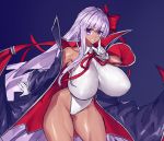  1girl alternate_breast_size bb_(fate)_(all) bb_(swimsuit_mooncancer)_(fate) black_coat breasts coat dark_skin eyebrows eyebrows_behind_hair fate/grand_order fate_(series) gloves highleg highleg_leotard huge_breasts leotard long_coat melon22 purple_background purple_eyes purple_hair red_ribbon ribbon smile smug thighs white_gloves white_leotard 