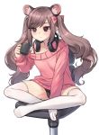  1girl animal_ears between_legs black_panties brown_eyes brown_hair chair cup hair_ribbon hand_between_legs headphones holding holding_cup indian_style kuro_(kuronell) long_hair mouse_ears no_pants off-shoulder_sweater off_shoulder office_chair original panties pink_sweater pointy_ears ribbed_sweater ribbon sitting skindentation solo sweater thighhighs twintails underwear virtual_youtuber white_background white_legwear 