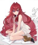  1girl akym ange_katrina bangs bare_legs blue_eyes eyebrows eyebrows_visible_through_hair hair_between_eyes hair_ornament hairclip highres long_hair looking_at_viewer nijisanji parted_lips red_hair shoes sitting solo very_long_hair wariza 