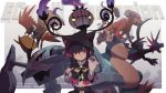  1girl animal_ears bangs belt black_hair black_sclera chandelure character_request claws closed_eyes closed_mouth commentary dragon ege_(597100016) fang fangs fire flame frills gen_1_pokemon gen_3_pokemon gen_5_pokemon gen_7_pokemon hood hood_up hydreigon landorus landorus_(therian) legendary_pokemon long_sleeves metagross paw_pose pokemon pokemon_(creature) red_eyes sleeves_past_wrists smile snorlax tapu_koko 