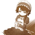  1girl absurdres asymmetrical_hair closed_mouth dress frills gothic_lolita greyscale hair_ornament hairband hairclip highres iwakura_lain lolita_fashion masahito_(yomenu) monochrome serial_experiments_lain short_hair sitting solo stuffed_animal stuffed_toy x_hair_ornament 