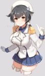  1girl alternate_costume bangs beret black_hair blue_skirt blush breasts buttons commentary_request cosplay cowboy_shot epaulettes eyebrows_visible_through_hair gloves hair_flaps hair_ornament hairclip hat highres jingei_(kantai_collection) kantai_collection kashima_(kantai_collection) kashima_(kantai_collection)_(cosplay) large_breasts long_hair long_sleeves looking_at_viewer low_ponytail military_jacket neckerchief pleated_skirt pointing pointing_up senbei_(senbe_i) simple_background skindentation skirt smile sweatdrop thighhighs white_gloves white_legwear white_neckwear 