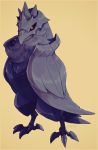  astralfell beak bird black_sclera claws closed_mouth commentary corviknight english_commentary full_body gen_8_pokemon highres no_humans pokemon pokemon_(creature) red_eyes yellow_background 