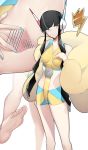  1girl arm_at_side bangs bar_censor bare_shoulders barefoot bike_shorts black_hair blue_eyes blue_nails blunt_bangs breasts censored close-up closed_mouth coat collarbone commentary_request elesa_(pokemon) fur_coat hand_up headphones highres looking_to_the_side multiple_views nail_polish pokemon pokemon_(game) pokemon_bw2 pussy shiny shiny_hair short_hair_with_long_locks soles spread_pussy toes white_background yellow_coat yuuyuu_(yuuki1771) 