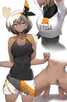  1girl bangs barefoot bea_(pokemon) black_bodysuit black_hairband blue_eyes bodysuit bodysuit_under_clothes bow_hairband breasts cleavage clenched_hand collarbone collared_shirt commentary_request dark_skin female_pubic_hair grey_hair gym_leader hair_between_eyes hairband hands_up highres medium_hair multiple_views nude number open_mouth pokemon pokemon_(game) pokemon_swsh print_shirt print_shorts pubic_hair shirt short_sleeves shorts spread_legs squatting teeth tied_shirt tiptoes toes tongue yuuyuu_(yuuki1771) 