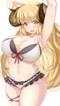  1girl ahoge anila_(granblue_fantasy) armpits arms_up bangs bikini black_bikini blonde_hair blunt_bangs breasts cleavage collarbone commentary cowboy_shot curled_horns eyebrows_visible_through_hair eyes_visible_through_hair frilled_bikini frills granblue_fantasy groin highres horns kibihimi layered_bikini legs_together long_hair looking_at_viewer navel open_mouth red_ribbon ribbon sheep_horns short_eyebrows simple_background skindentation smile solo standing swimsuit thick_thighs thighs upper_teeth very_long_hair white_background white_bikini yellow_eyes 