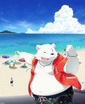  2015 anthro beach black_nose canid canine clothed clothing detailed_background fur hi_res hoodie kemono male mammal one_eye_closed open_clothing open_hoodie open_topwear outside overweight overweight_male polar_bear seaside sitting solo_focus swimwear topwear ursid ursine water white_body white_fur wink zuppu11 