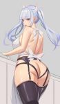  1girl apron ass bangs blue_eyes blue_hair blunt_bangs blush bow breasts cowboy_shot dhrmawk159 eyebrows_visible_through_hair from_side garter_belt garter_straps garters grey_background hair_bow highres large_breasts last_origin lips long_hair open_mouth partially_colored skindentation solo sowan_(last_origin) thighhighs upper_teeth 