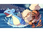  arcanine black_eyes blurry closed_mouth commentary_request crowd fire gen_1_pokemon horns lapras letterboxed open_mouth peron_(niki2ki884) pokemon pokemon_(creature) running single_horn smile stadium tile_floor tiles tongue water 
