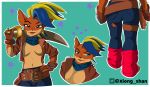  activision anthro bandicoot belt blue_hair bottomwear breasts cleavage clothed clothing crash_bandicoot_(series) female gloves hair handwear jacket jeans leather leather_jacket leg_warmers leggings legwear mammal marsupial melee_weapon multiple_angles open_clothing open_shirt open_topwear pants pirate pirate_tawna playstation punk redesign shirt solo sony_corporation sony_interactive_entertainment sword tawna_bandicoot topless topwear video_games weapon xiongshan 