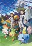  1boy 1girl alcremie bangs brown_eyes brown_hair clenched_hand cloud collared_shirt confetti day drednaw galarian_form galarian_weezing gen_8_pokemon gloves gossifleur grass grookey holding holding_poke_ball number official_art poke_ball pokemon pokemon_(creature) pokemon_(game) pokemon_swsh rolycoly scorbunny shiny shiny_hair shirt shorts single_glove sky sobble socks stadium standing starter_pokemon_trio swept_bangs 