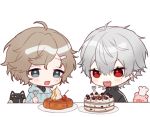  2boys :d animal bangs black_cat black_jacket blue_eyes blue_hoodie blush_stickers brown_hair cake cat chef_hat cherry chibi drawstring eyebrows_visible_through_hair food fork fruit grey_hair hair_between_eyes hair_ornament hairclip hat holding holding_fork hood hood_down hoodie jacket kanae_(nijisanji) kuzuha_(nijisanji) male_focus mole mole_under_eye multiple_boys nijisanji open_mouth pig pointy_ears red_eyes sharp_teeth simple_background smile teeth track_jacket upper_body v-shaped_eyebrows virtual_youtuber white_background white_headwear yamabukiiro 