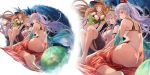  3girls animal_ears ass bangs bikini blue_eyes bow breasts brown_hair cleavage commentary_request fate/grand_order fate_(series) fox_ears highres large_breasts long_hair medium_hair miyamoto_musashi_(fate/grand_order) multiple_girls pink_hair ponytail red_bikini red_bow red_eyes sarong sidelocks smile suzuka_gozen_(fate) swimsuit tomoe_gozen_(fate/grand_order) very_long_hair white_bikini white_hair yatsuka_(846) yellow_eyes 