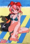  1girl akatsuki_gomoku barefoot beach bikini bird blanket blue_bikini day eyebrows_visible_through_hair final_romance_4 halter_top halterneck headband light_smile logo looking_at_viewer official_art penguin pink_hair red_eyes short_hair sitting smile solo swimsuit wet wet_hair 