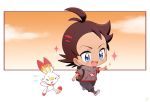  1boy antenna_hair blue_eyes blush brown_hair chibi commentary_request eyelashes gen_8_pokemon goh_(pokemon) hand_up kouzuki_(reshika213) open_mouth pants pointing pokemon pokemon_(anime) pokemon_(creature) pokemon_swsh_(anime) scorbunny short_sleeves sparkle tongue 