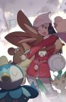  1girl :d bag beanie black_hair boots closed_eyes coat commentary dawn_(pokemon) duffel_bag ege_(597100016) eyelashes gen_4_pokemon grey_eyes hair_ornament hairclip hat hug leafeon long_hair long_sleeves looking_at_viewer lopunny nail_polish open_mouth over-kneehighs pink_nails piplup pokemon pokemon_(creature) pokemon_(game) pokemon_dppt pokemon_platinum red_coat scarf signature smile thighhighs white_headwear white_legwear white_scarf 