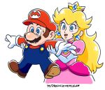  1boy 1girl blonde_hair blue_eyes boots brown_hair crown drawloverlala dress earrings elbow_gloves gem gloves hat holding_arm human_shield jewelry mario mario_(series) overalls pink_dress princess_peach red_shirt shirt shoulder_pads simple_background super_mario_bros. upper_body white_background white_gloves 