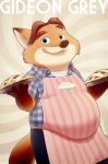  2016 anthro apron bottomwear canid canine clothed clothing disney food fox gideon_grey hi_res male mammal pants shirt slightly_chubby solo tongue tongue_out topwear zootopia zuppu11 
