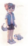  1boy animal_ears backlighting black_shorts blue_eyes blue_jacket brown_hair footwear_removed full_body highres hood hooded_jacket jacket open_mouth original print_legwear shoes short_hair short_sleeves shorts sneakers socks solo standing tail zhutangyuan 