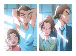  1boy 1girl age_comparison arms_behind_back bandaid bandaid_on_nose blush buzz_cut child collared_shirt czech_gana day facial_hair forked_eyebrows formal frown grey_eyes hair_bun height_difference hetero long_sleeves looking_at_viewer looking_away meitantei_conan necktie ponytail salute shirt sideways_glance sleeveless sleeveless_shirt sliding_doors stubble suit uehara_yui v white_shirt yamato_kansuke younger 