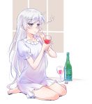  1girl alcohol alternate_hairstyle blue_eyes bottle cork covered_navel cup drinking_glass hair_down highres iesupa long_hair red_wine rwby scar scar_across_eye sleepwear solo tipsy weiss_schnee white_hair wine wine_bottle wine_glass 