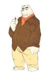  2016 anthro bottomwear chiro_(artist) clothing flower fur hi_res kemono male mammal overweight overweight_anthro overweight_male pants plant polar_bear shirt simple_background solo topwear ursid ursine white_background white_body white_fur 