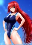  1girl aozaki_aoko blue_eyes blue_swimsuit breasts collarbone commentary_request competition_swimsuit cowboy_shot hands_on_hips highleg highleg_swimsuit highres large_breasts long_hair mahou_tsukai_no_yoru one-piece_swimsuit red_hair soaking_feet solo standing swimsuit tsukihime very_long_hair water yuuk33 