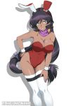  1girl absurdres animal_ears aqua_eyes black_hair breasts bunny_ears bunnysuit chuunioniika cleavage earrings fake_animal_ears highres jewelry large_breasts leotard long_hair looking_at_viewer red_leotard scarf senki_zesshou_symphogear shiny shiny_hair shiny_skin simple_background solo standing strapless strapless_leotard thighhighs vanessa_(symphogear) white_background 