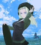  1girl black_skirt black_vest blonde_hair blue_eyes blue_sky clara_(girls_und_panzer) cloud cloudy_sky commentary day girls_und_panzer green_jacket hand_on_headwear insignia jacket long_hair long_sleeves looking_at_viewer military military_uniform miniskirt mountain outdoors parted_lips partially_unzipped pleated_skirt pravda_military_uniform red_shirt shirt skirt sky solo standing tank_cupola tank_helmet tree turtleneck twitter_username uniform vest yurikuta_tsukumi zipper 